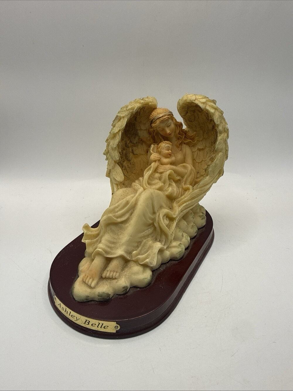 Vintage Ashley Belle Angel Mother Baby Figurine Resin Wood Base 6” *